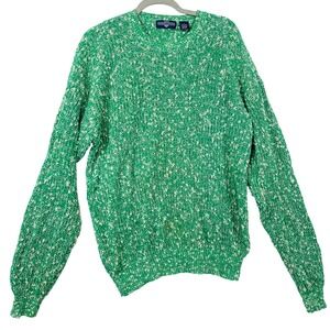 Georges Marciano Sweater Women's L Green White Linen Cotton Knit‎ Crew Neck